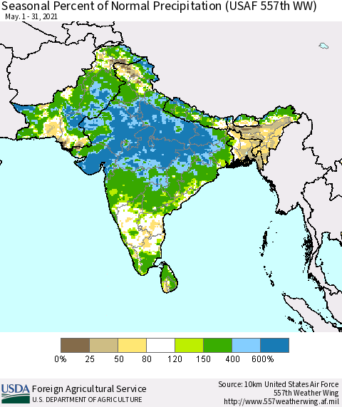 Southern Asia Seasonal Percent of Normal Precipitation (USAF 557th WW) Thematic Map For 5/1/2021 - 5/31/2021