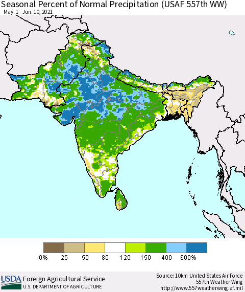 Southern Asia Seasonal Percent of Normal Precipitation (USAF 557th WW) Thematic Map For 5/1/2021 - 6/10/2021