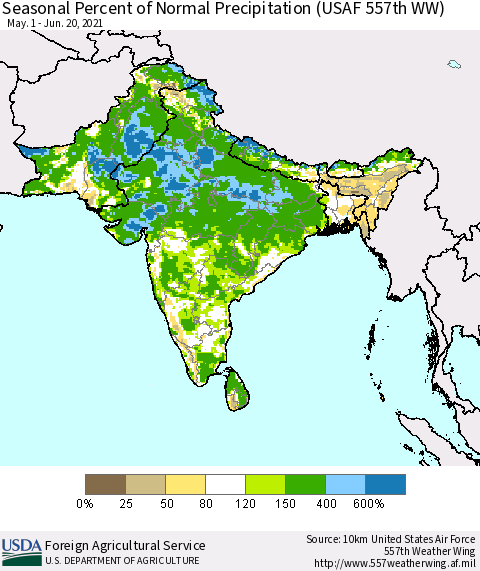 Southern Asia Seasonal Percent of Normal Precipitation (USAF 557th WW) Thematic Map For 5/1/2021 - 6/20/2021