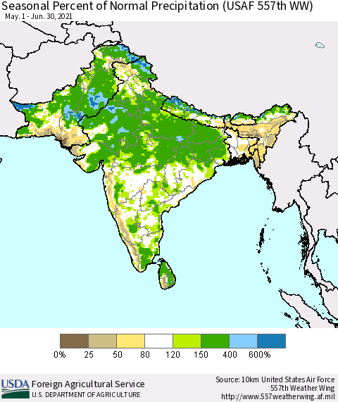 Southern Asia Seasonal Percent of Normal Precipitation (USAF 557th WW) Thematic Map For 5/1/2021 - 6/30/2021