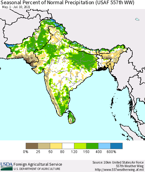 Southern Asia Seasonal Percent of Normal Precipitation (USAF 557th WW) Thematic Map For 5/1/2021 - 7/10/2021