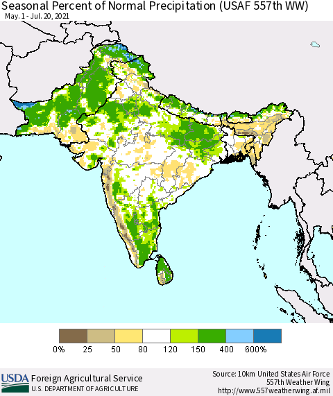 Southern Asia Seasonal Percent of Normal Precipitation (USAF 557th WW) Thematic Map For 5/1/2021 - 7/20/2021