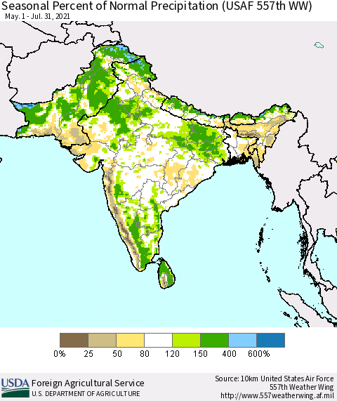 Southern Asia Seasonal Percent of Normal Precipitation (USAF 557th WW) Thematic Map For 5/1/2021 - 7/31/2021