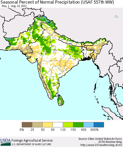 Southern Asia Seasonal Percent of Normal Precipitation (USAF 557th WW) Thematic Map For 5/1/2021 - 8/10/2021