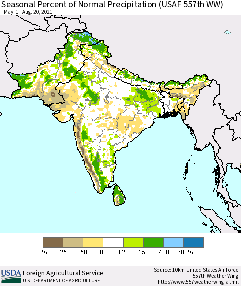 Southern Asia Seasonal Percent of Normal Precipitation (USAF 557th WW) Thematic Map For 5/1/2021 - 8/20/2021
