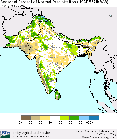 Southern Asia Seasonal Percent of Normal Precipitation (USAF 557th WW) Thematic Map For 5/1/2021 - 8/31/2021