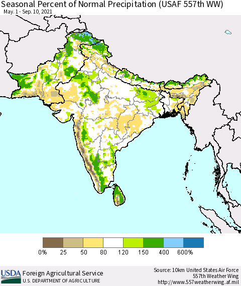 Southern Asia Seasonal Percent of Normal Precipitation (USAF 557th WW) Thematic Map For 5/1/2021 - 9/10/2021