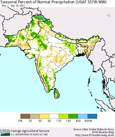 Southern Asia Seasonal Percent of Normal Precipitation (USAF 557th WW) Thematic Map For 5/1/2021 - 9/20/2021
