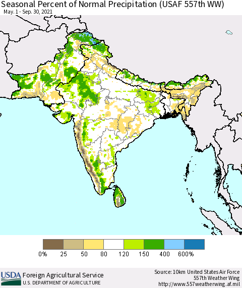 Southern Asia Seasonal Percent of Normal Precipitation (USAF 557th WW) Thematic Map For 5/1/2021 - 9/30/2021