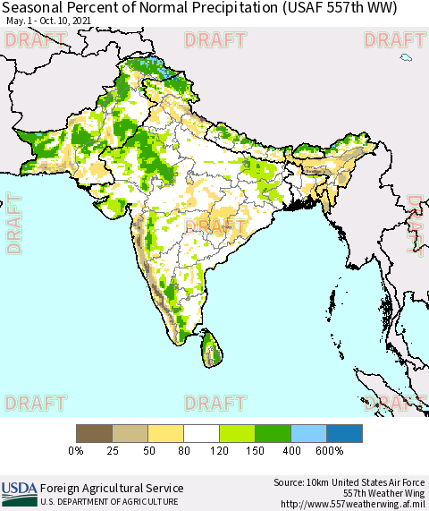 Southern Asia Seasonal Percent of Normal Precipitation (USAF 557th WW) Thematic Map For 5/1/2021 - 10/10/2021