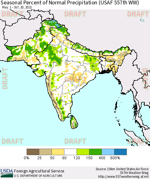 Southern Asia Seasonal Percent of Normal Precipitation (USAF 557th WW) Thematic Map For 5/1/2021 - 10/20/2021