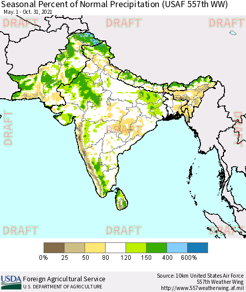 Southern Asia Seasonal Percent of Normal Precipitation (USAF 557th WW) Thematic Map For 5/1/2021 - 10/31/2021