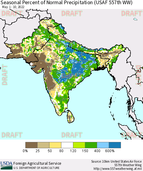 Southern Asia Seasonal Percent of Normal Precipitation (USAF 557th WW) Thematic Map For 5/1/2022 - 5/10/2022