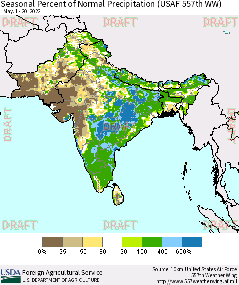 Southern Asia Seasonal Percent of Normal Precipitation (USAF 557th WW) Thematic Map For 5/1/2022 - 5/20/2022