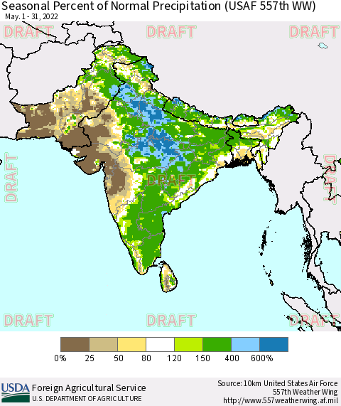 Southern Asia Seasonal Percent of Normal Precipitation (USAF 557th WW) Thematic Map For 5/1/2022 - 5/31/2022