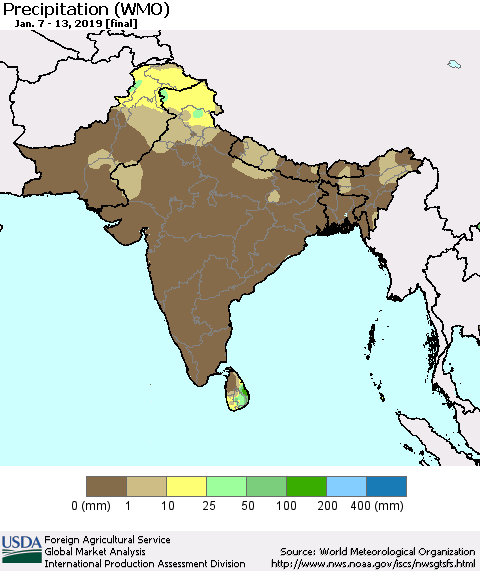 Southern Asia Precipitation (WMO) Thematic Map For 1/7/2019 - 1/13/2019