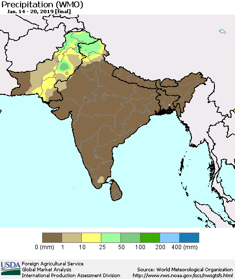 Southern Asia Precipitation (WMO) Thematic Map For 1/14/2019 - 1/20/2019