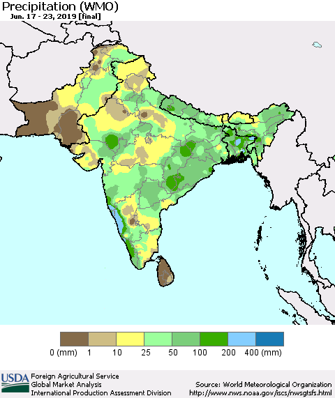 Southern Asia Precipitation (WMO) Thematic Map For 6/17/2019 - 6/23/2019