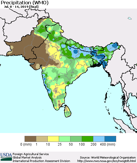 Southern Asia Precipitation (WMO) Thematic Map For 7/8/2019 - 7/14/2019