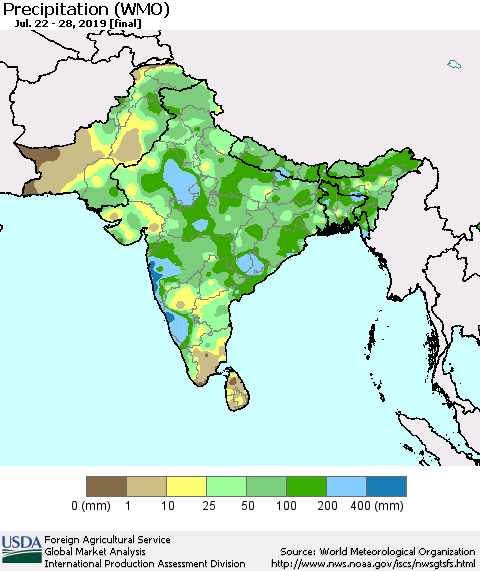 Southern Asia Precipitation (WMO) Thematic Map For 7/22/2019 - 7/28/2019