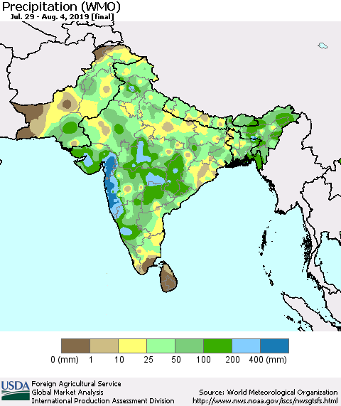 Southern Asia Precipitation (WMO) Thematic Map For 7/29/2019 - 8/4/2019