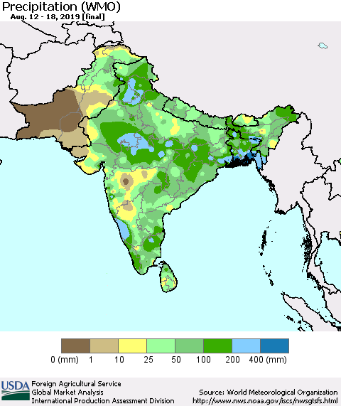 Southern Asia Precipitation (WMO) Thematic Map For 8/12/2019 - 8/18/2019