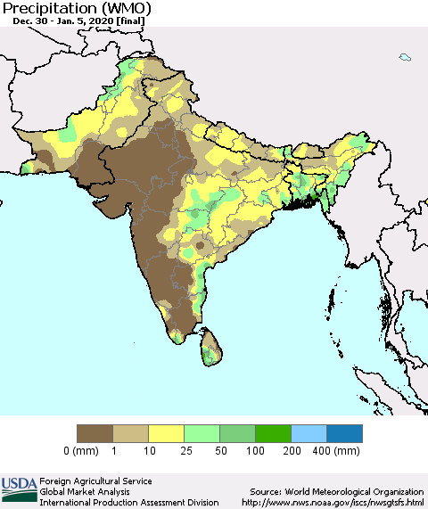 Southern Asia Precipitation (WMO) Thematic Map For 12/30/2019 - 1/5/2020