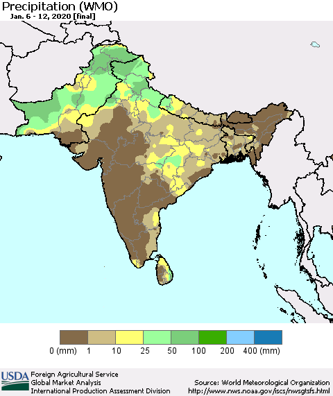 Southern Asia Precipitation (WMO) Thematic Map For 1/6/2020 - 1/12/2020