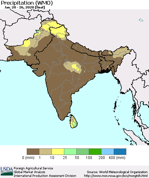 Southern Asia Precipitation (WMO) Thematic Map For 1/20/2020 - 1/26/2020