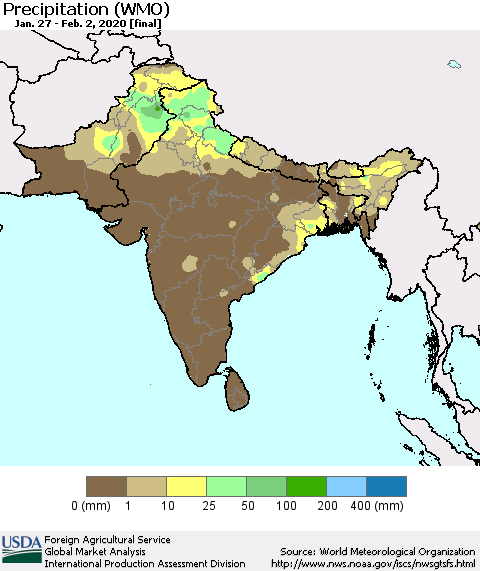 Southern Asia Precipitation (WMO) Thematic Map For 1/27/2020 - 2/2/2020