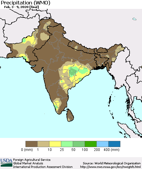 Southern Asia Precipitation (WMO) Thematic Map For 2/3/2020 - 2/9/2020