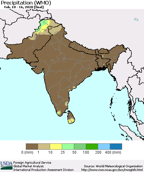 Southern Asia Precipitation (WMO) Thematic Map For 2/10/2020 - 2/16/2020