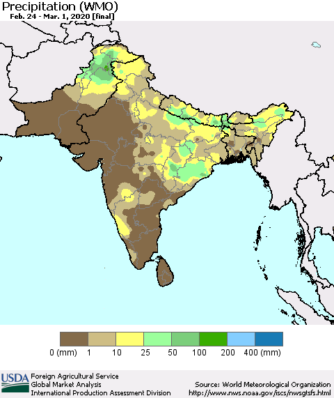 Southern Asia Precipitation (WMO) Thematic Map For 2/24/2020 - 3/1/2020