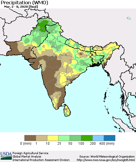 Southern Asia Precipitation (WMO) Thematic Map For 3/2/2020 - 3/8/2020