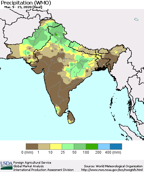 Southern Asia Precipitation (WMO) Thematic Map For 3/9/2020 - 3/15/2020