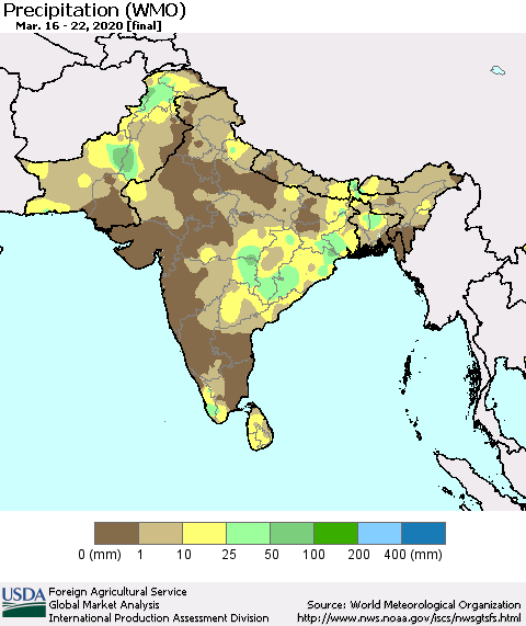 Southern Asia Precipitation (WMO) Thematic Map For 3/16/2020 - 3/22/2020