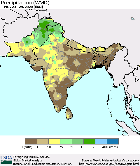 Southern Asia Precipitation (WMO) Thematic Map For 3/23/2020 - 3/29/2020