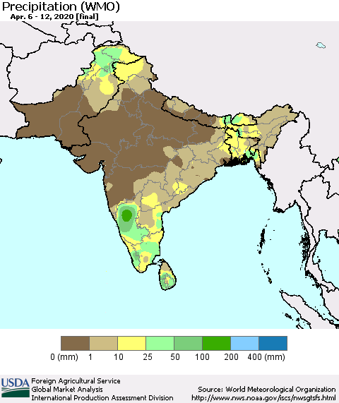 Southern Asia Precipitation (WMO) Thematic Map For 4/6/2020 - 4/12/2020
