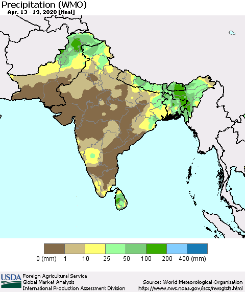 Southern Asia Precipitation (WMO) Thematic Map For 4/13/2020 - 4/19/2020