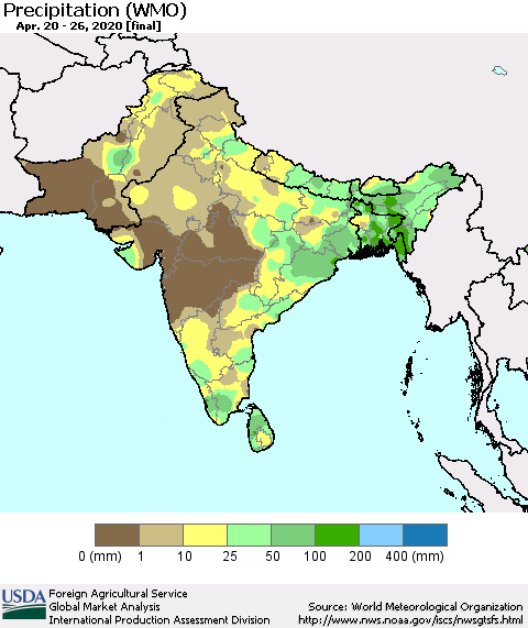 Southern Asia Precipitation (WMO) Thematic Map For 4/20/2020 - 4/26/2020
