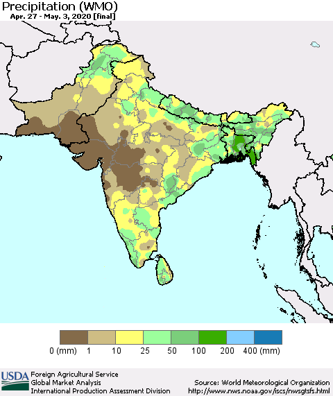 Southern Asia Precipitation (WMO) Thematic Map For 4/27/2020 - 5/3/2020