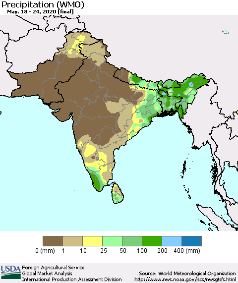 Southern Asia Precipitation (WMO) Thematic Map For 5/18/2020 - 5/24/2020