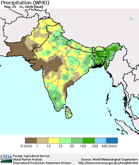 Southern Asia Precipitation (WMO) Thematic Map For 5/25/2020 - 5/31/2020