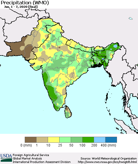 Southern Asia Precipitation (WMO) Thematic Map For 6/1/2020 - 6/7/2020
