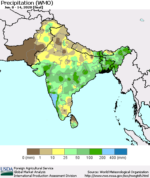 Southern Asia Precipitation (WMO) Thematic Map For 6/8/2020 - 6/14/2020