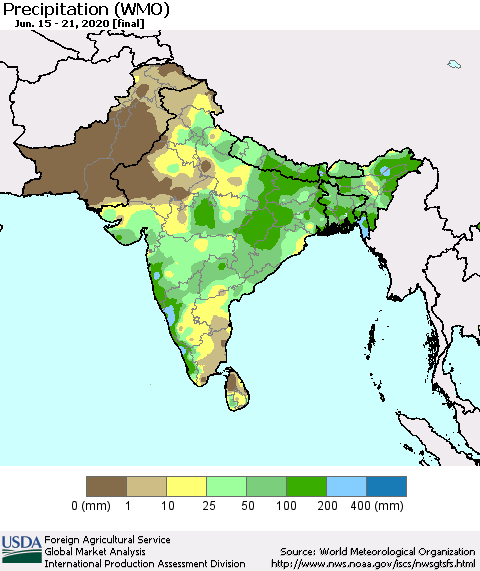 Southern Asia Precipitation (WMO) Thematic Map For 6/15/2020 - 6/21/2020