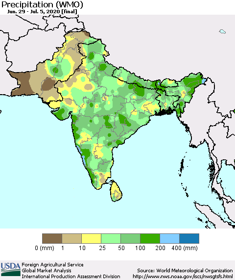Southern Asia Precipitation (WMO) Thematic Map For 6/29/2020 - 7/5/2020