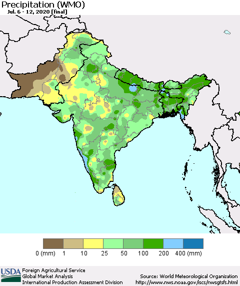 Southern Asia Precipitation (WMO) Thematic Map For 7/6/2020 - 7/12/2020