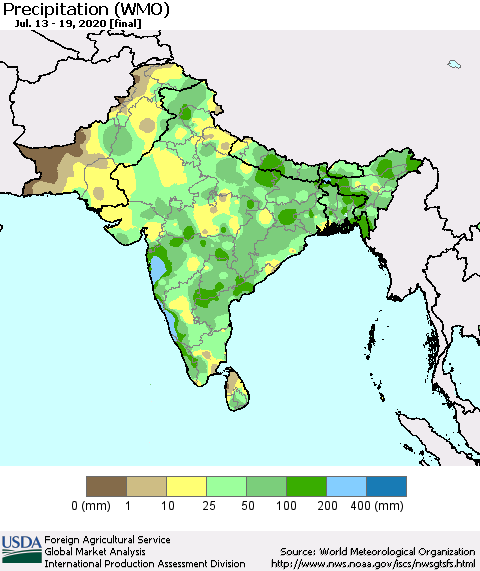 Southern Asia Precipitation (WMO) Thematic Map For 7/13/2020 - 7/19/2020