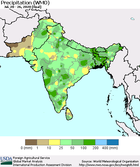 Southern Asia Precipitation (WMO) Thematic Map For 7/20/2020 - 7/26/2020